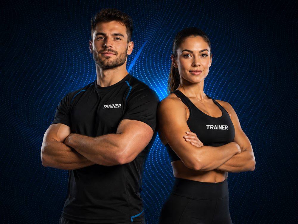 Dos entrenadores con camiseta marcada TRAINER, de brazos cruzados