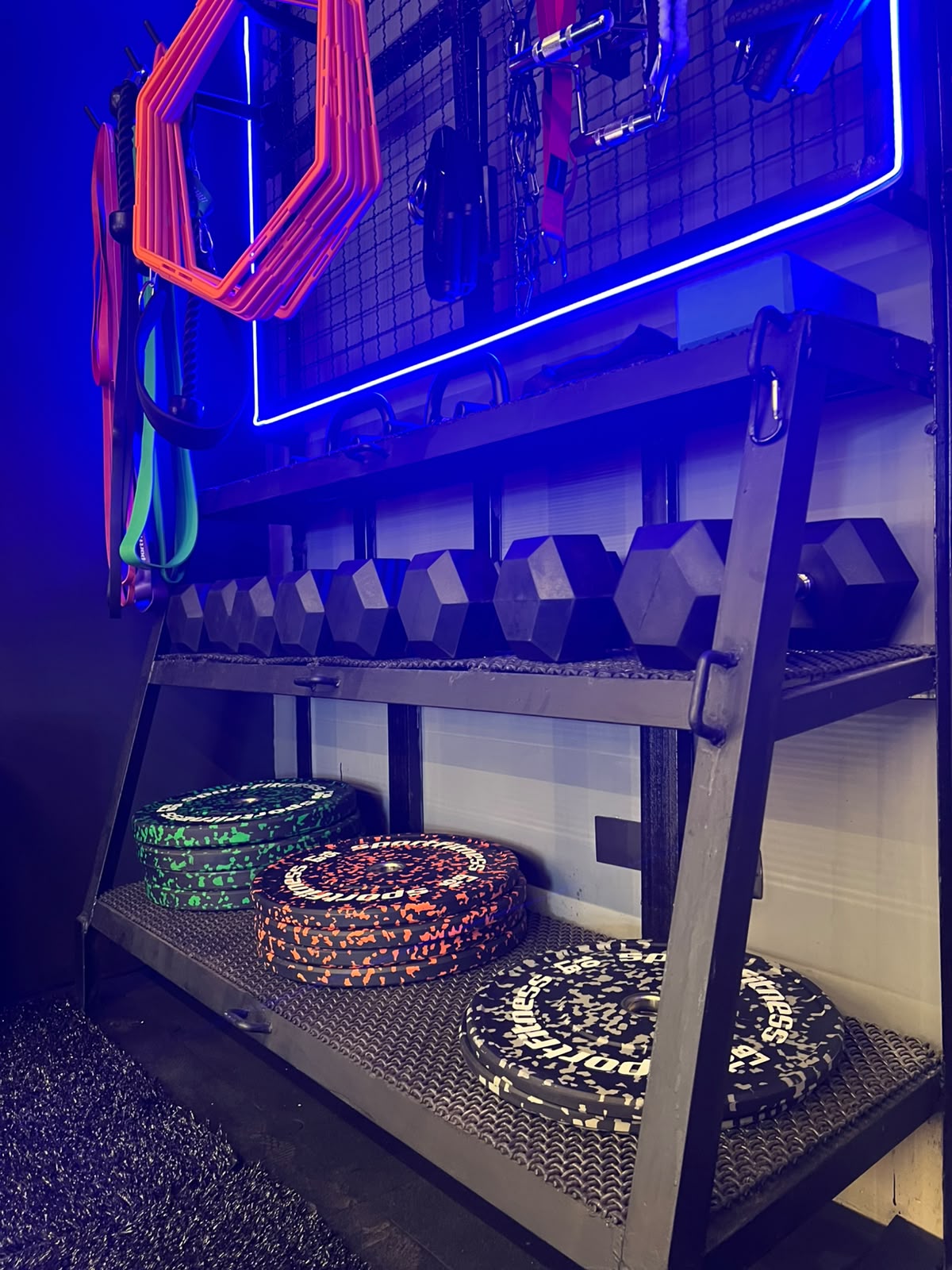 Rack de mancuernas y discos ordenados bajo luz neón