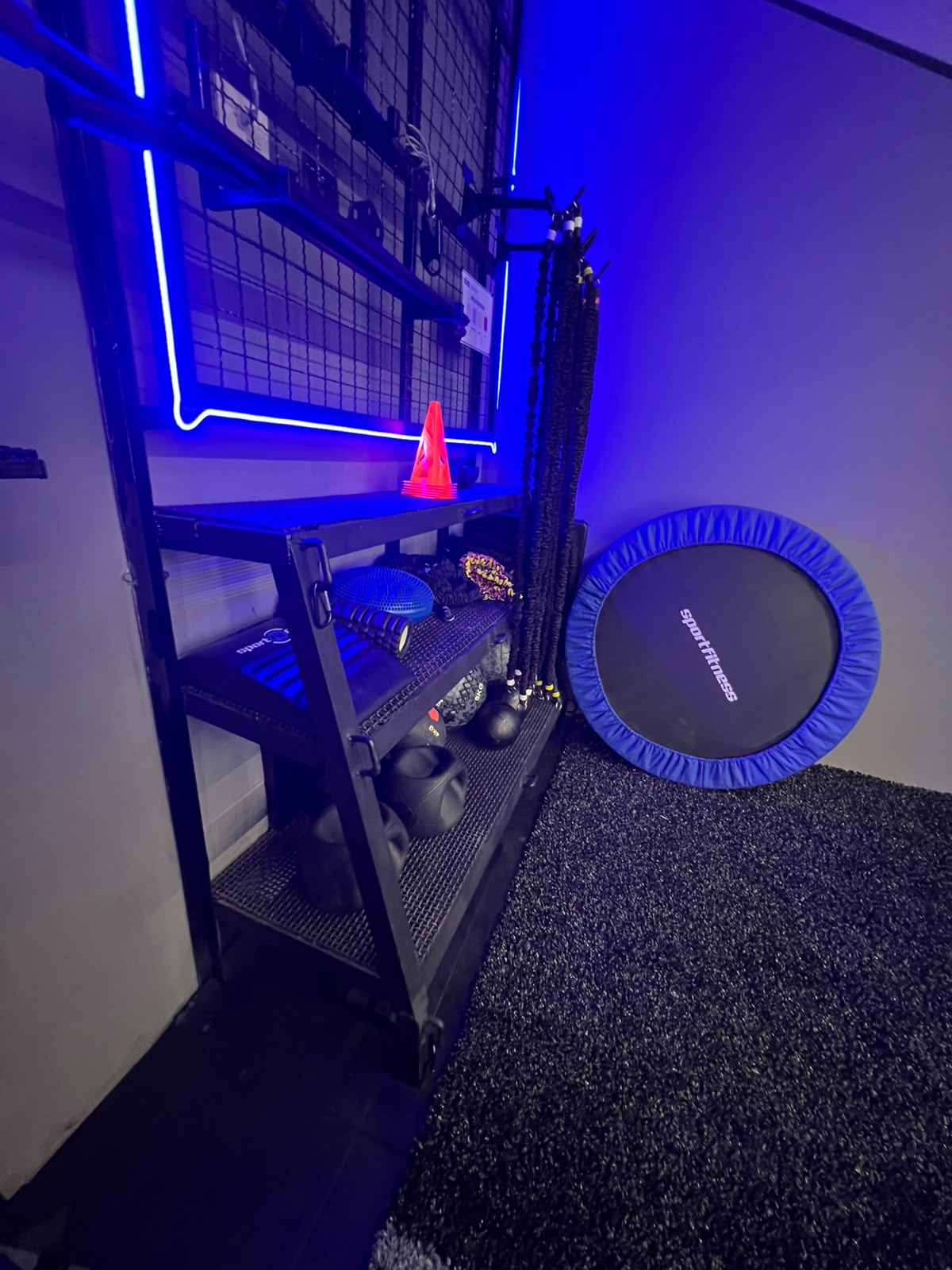 Estante con rodillos, kettlebells y trampolín de rebote